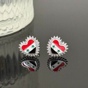 Syria Flag Earrings Heart bling S925 Sterling Silver Handmade Ear Stud